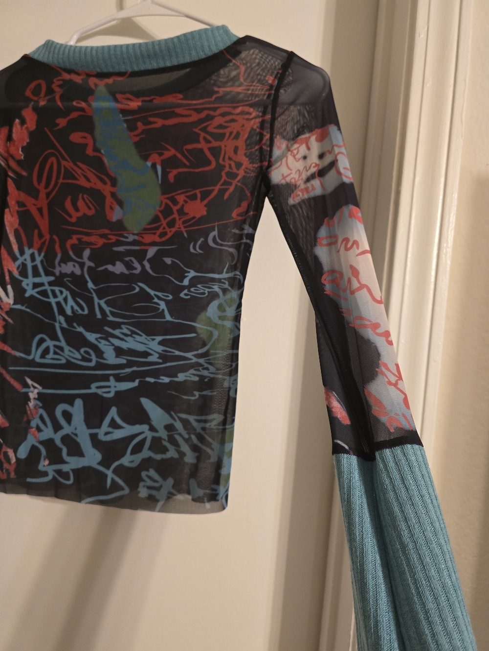 Y2K Vintage Sheer Slim Top Long Sleeve Round Neck Pattern Print Mesh Patchwork S - Picture 12 of 17